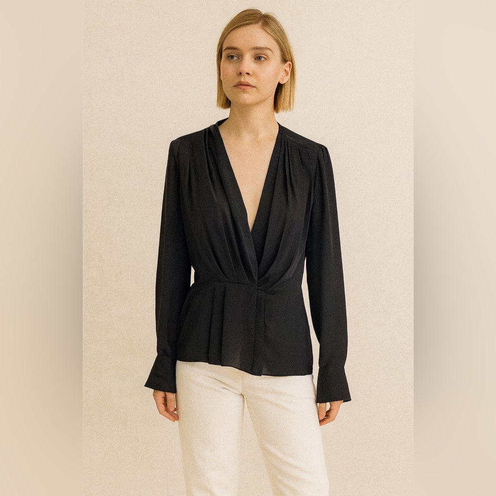 Givenchy Deep V neck satin black long sleeve blouse size 38